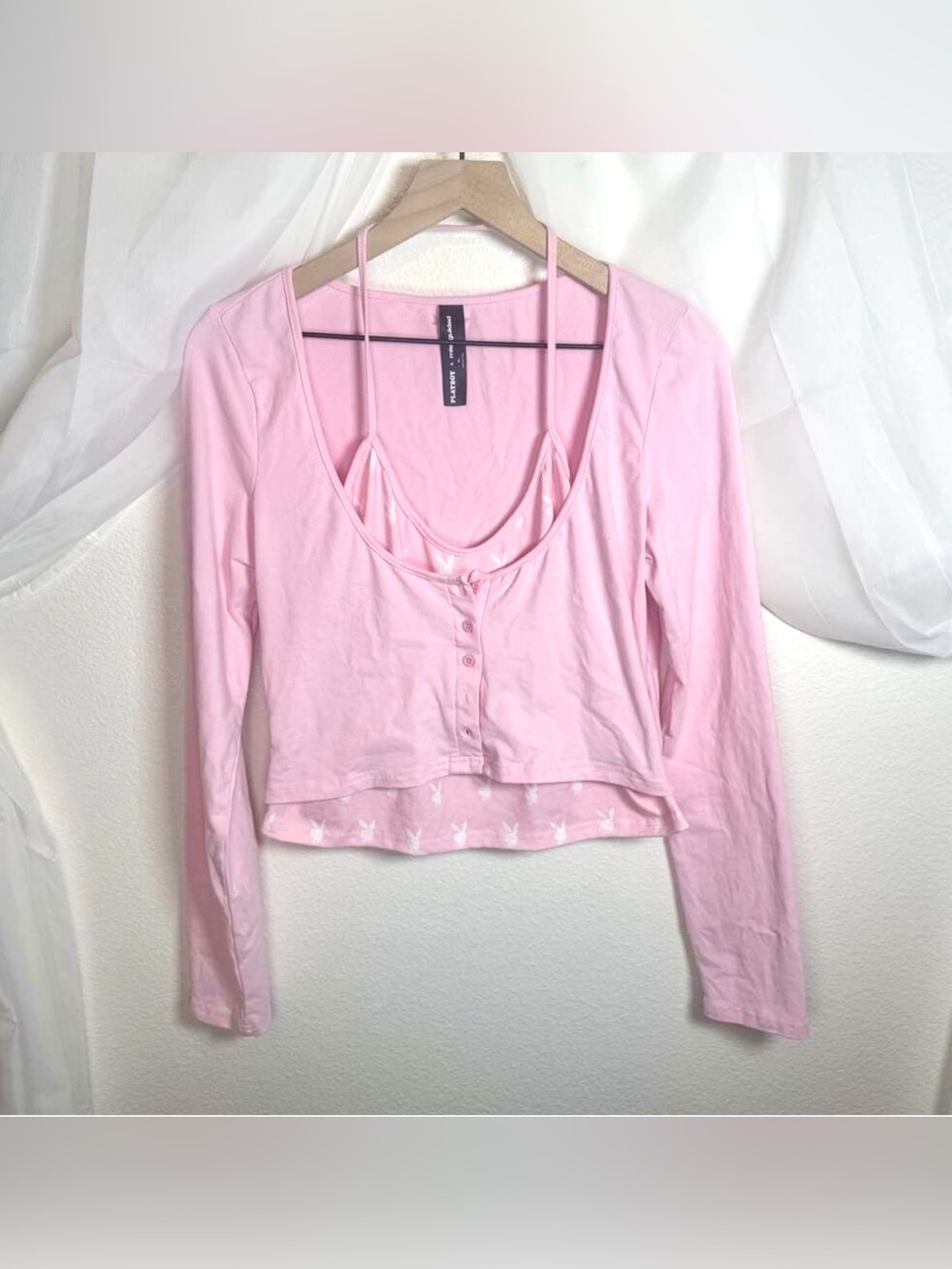Playboy x Missguided Y2K Inspo Pink Long Sleeve Button-Up Crop Top and Cami Set